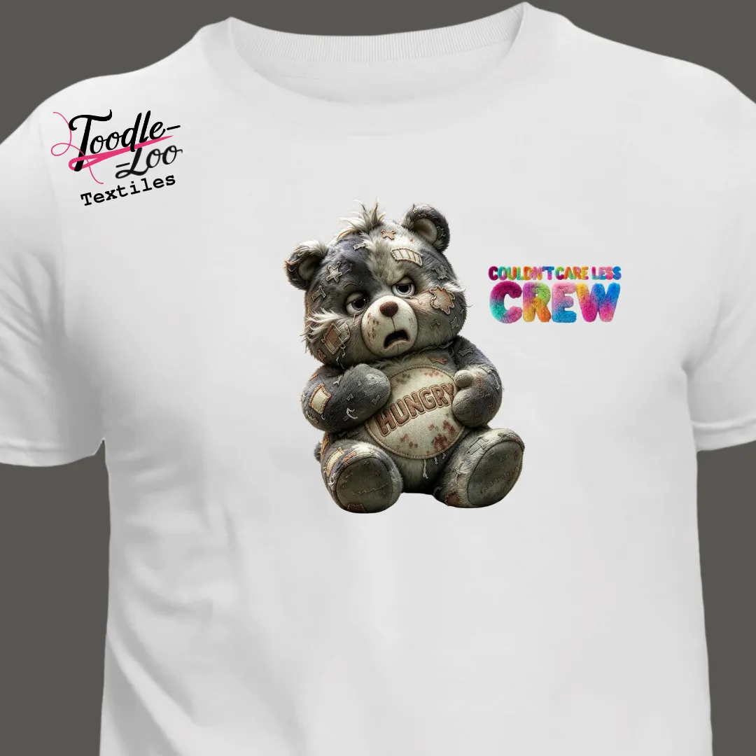 Hungry bear design on a white tee — Couldn’t Care Less Crew DTF print, shown as an AI mock-up