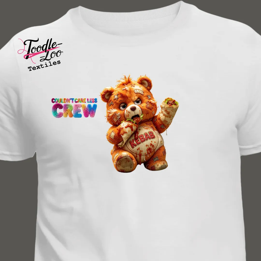 Kebab bear design on a white tee — Couldn’t Care Less Crew DTF print, shown as an AI mock-up