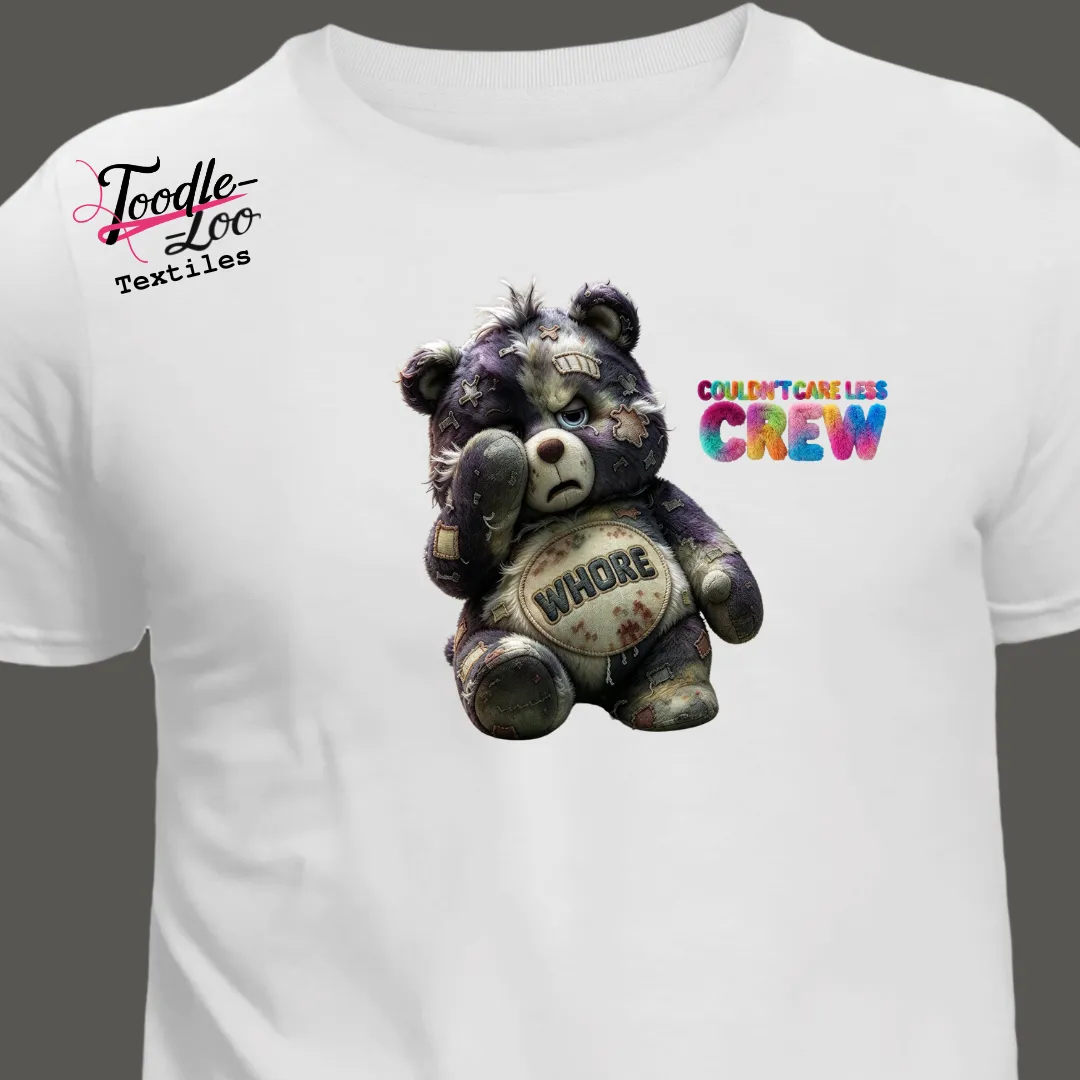 Whore bear design on a white tee — Couldn’t Care Less Crew DTF print, shown as an AI mock-up