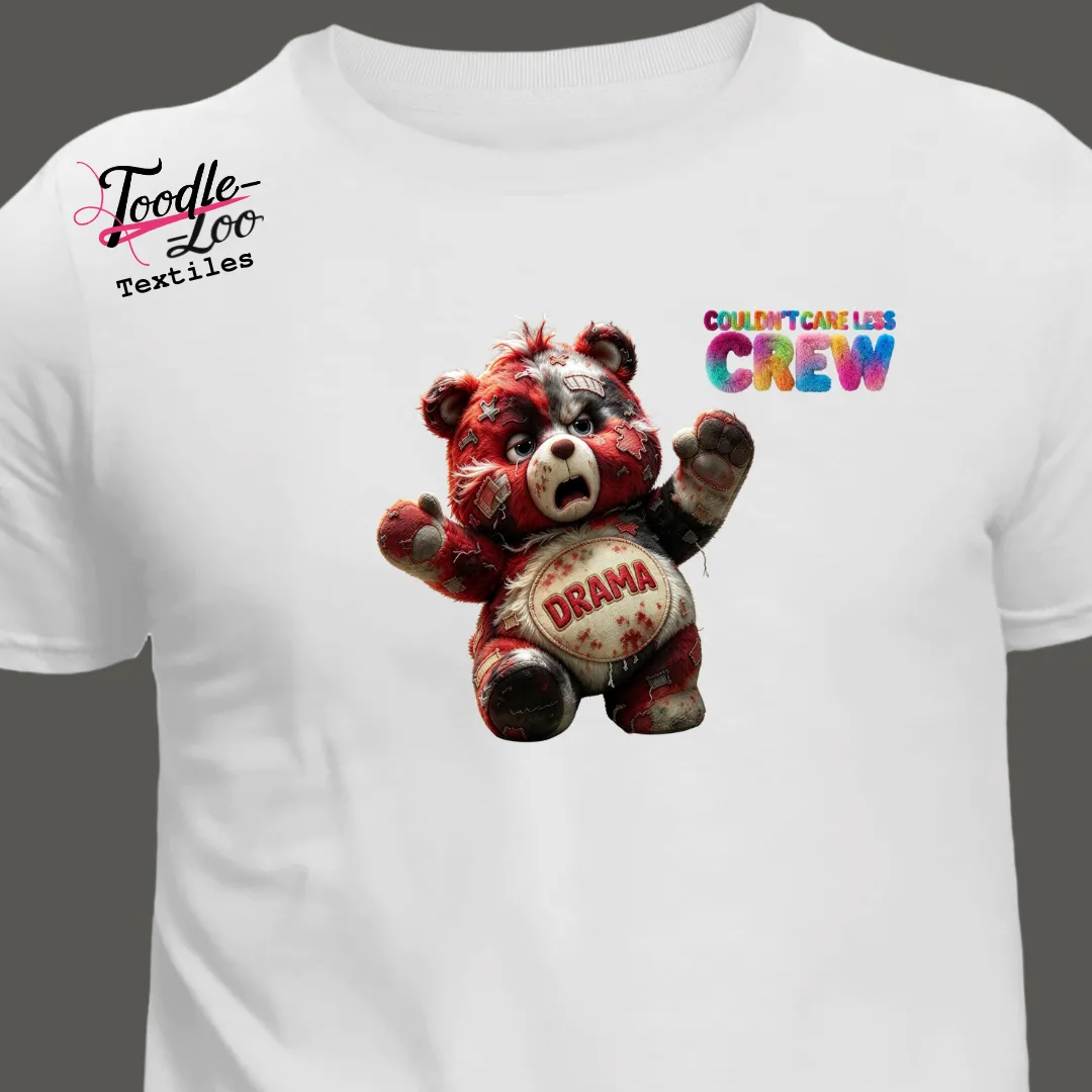 Drama bear design on a white tee — Couldn’t Care Less Crew DTF print, shown as an AI mock-up