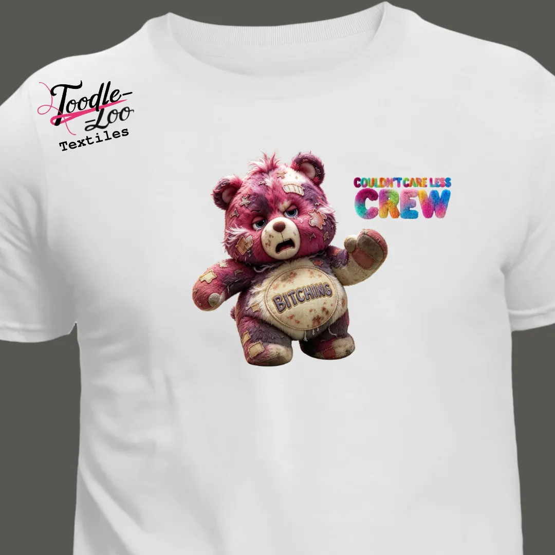 Bitching bear design on a white tee — Couldn’t Care Less Crew DTF print, shown as an AI mock-up