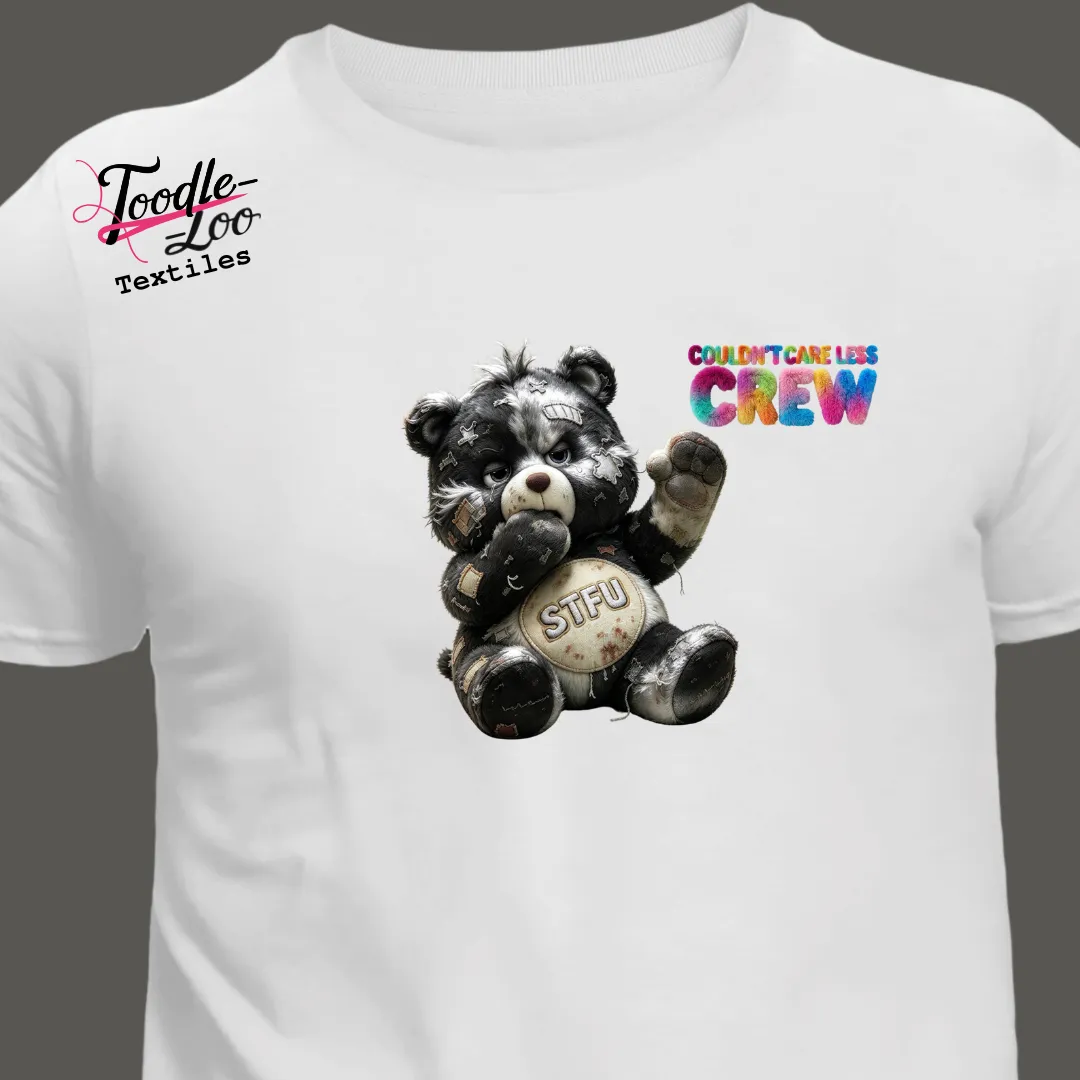 STFU bear design on a white tee — Couldn’t Care Less Crew DTF print, shown as an AI mock-up