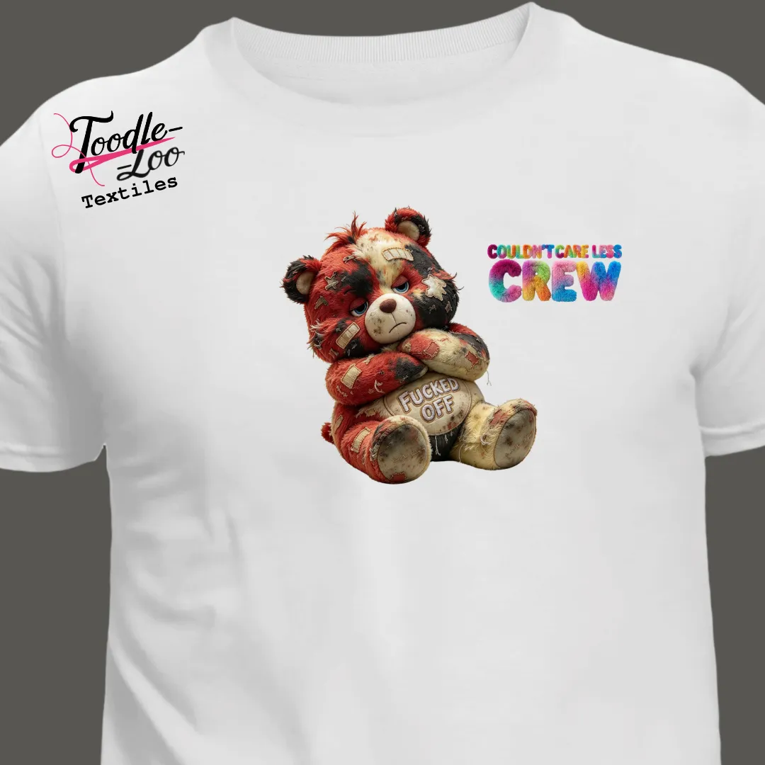 Fucked Off bear design on a white tee — Couldn’t Care Less Crew DTF print, shown as an AI mock-up