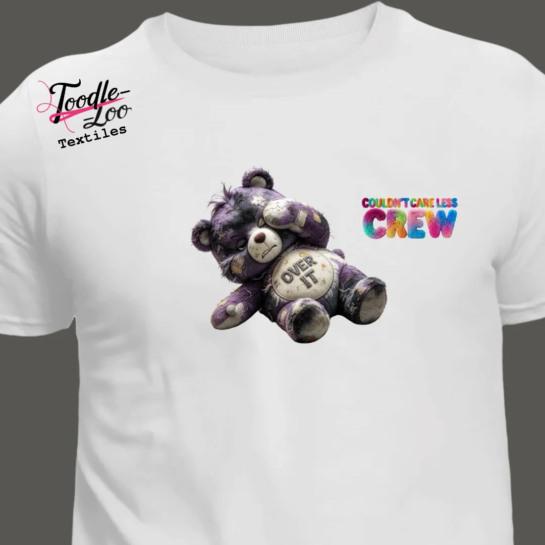 Over It bear design on a white tee — Couldn’t Care Less Crew DTF print, shown as an AI mock-up