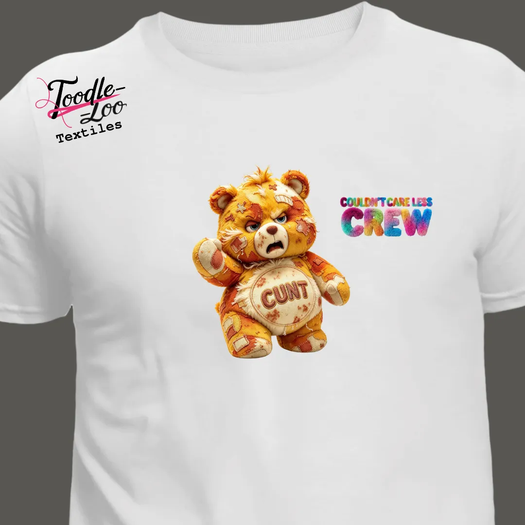 Cunt v1 bear design on a white tee — Couldn’t Care Less Crew DTF print, shown as an AI mock-up
