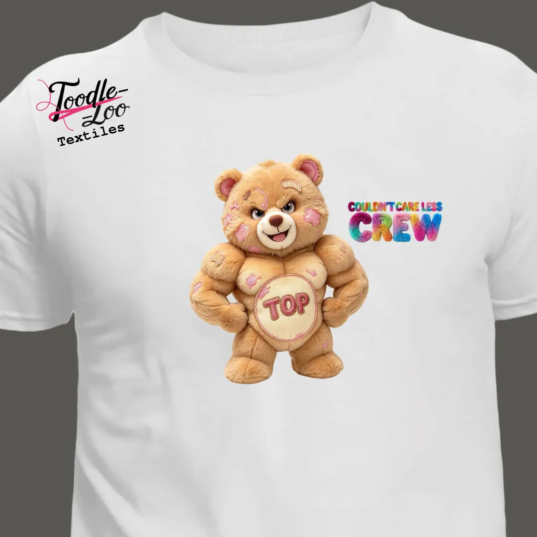 Top bear design on a white tee — Couldn’t Care Less Crew DTF print, shown as an AI mock-up