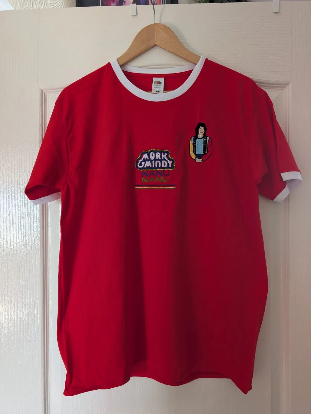 Red and white ringer T-shirt with embroidered Mork and Mindy characters and lettering