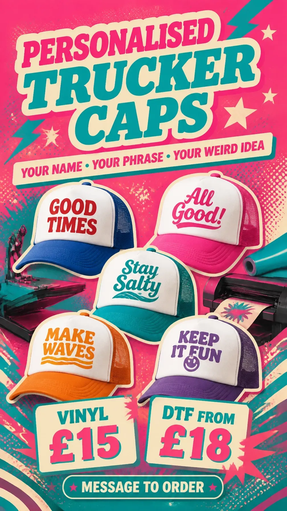 Personalised trucker caps in bright colours with custom phrases