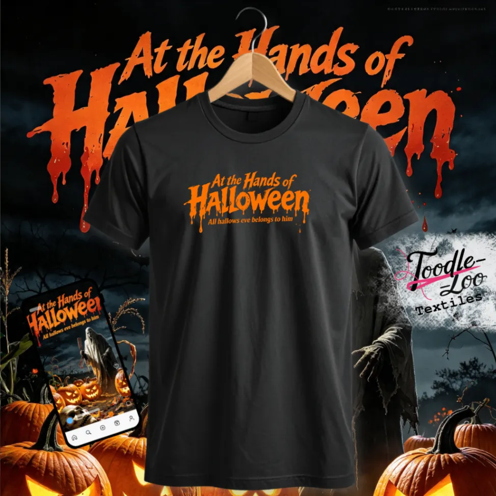 At the Hands of Halloween — black tee with orange vinyl artwork, shown as a design mock-up