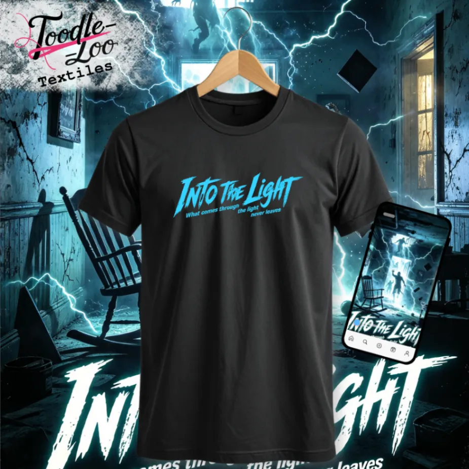 Into the Light — black tee with blue vinyl artwork, shown as a design mock-up