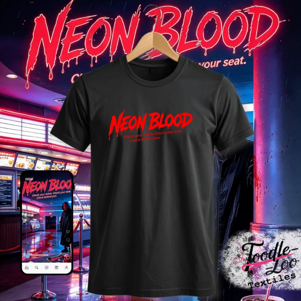 Neon Blood — black tee with red vinyl artwork, shown as a design mock-up