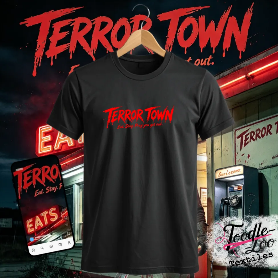 Terror Town — black tee with red vinyl artwork, shown as a design mock-up
