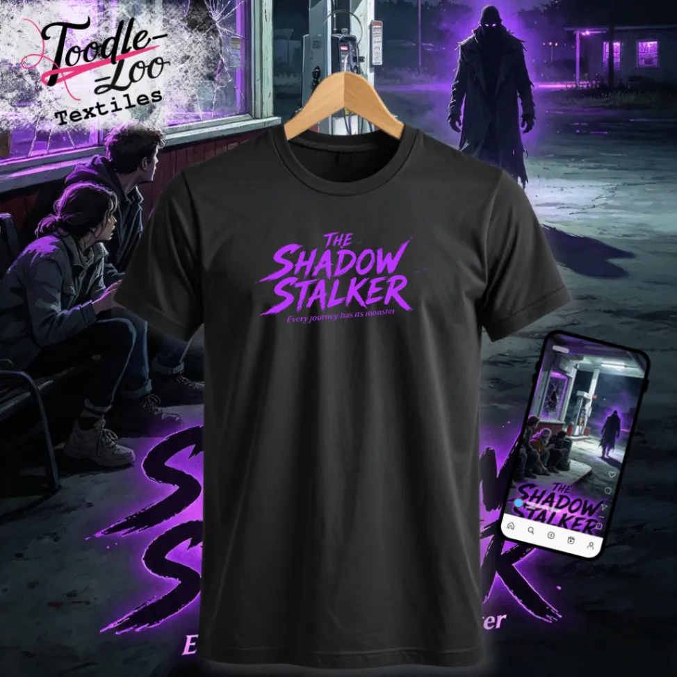 The Shadow Stalker — black tee with purple vinyl artwork, shown as a design mock-up