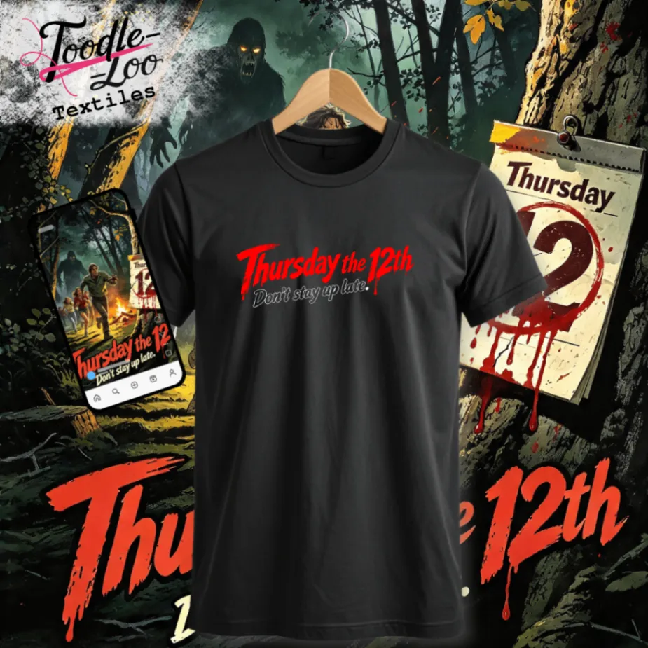 Thursday the 12th — black tee with red vinyl artwork, shown as a design mock-up