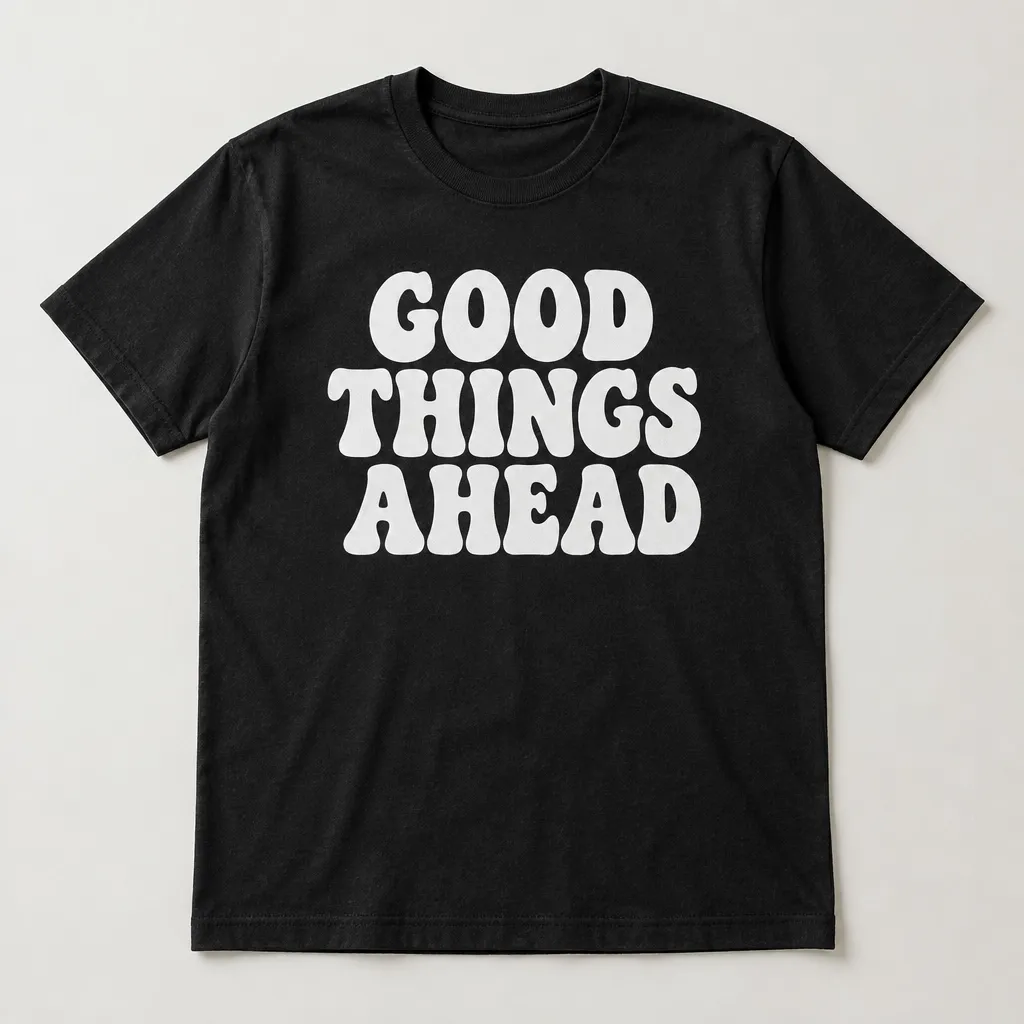 Black T-shirt with bold white GOOD THINGS AHEAD vinyl lettering