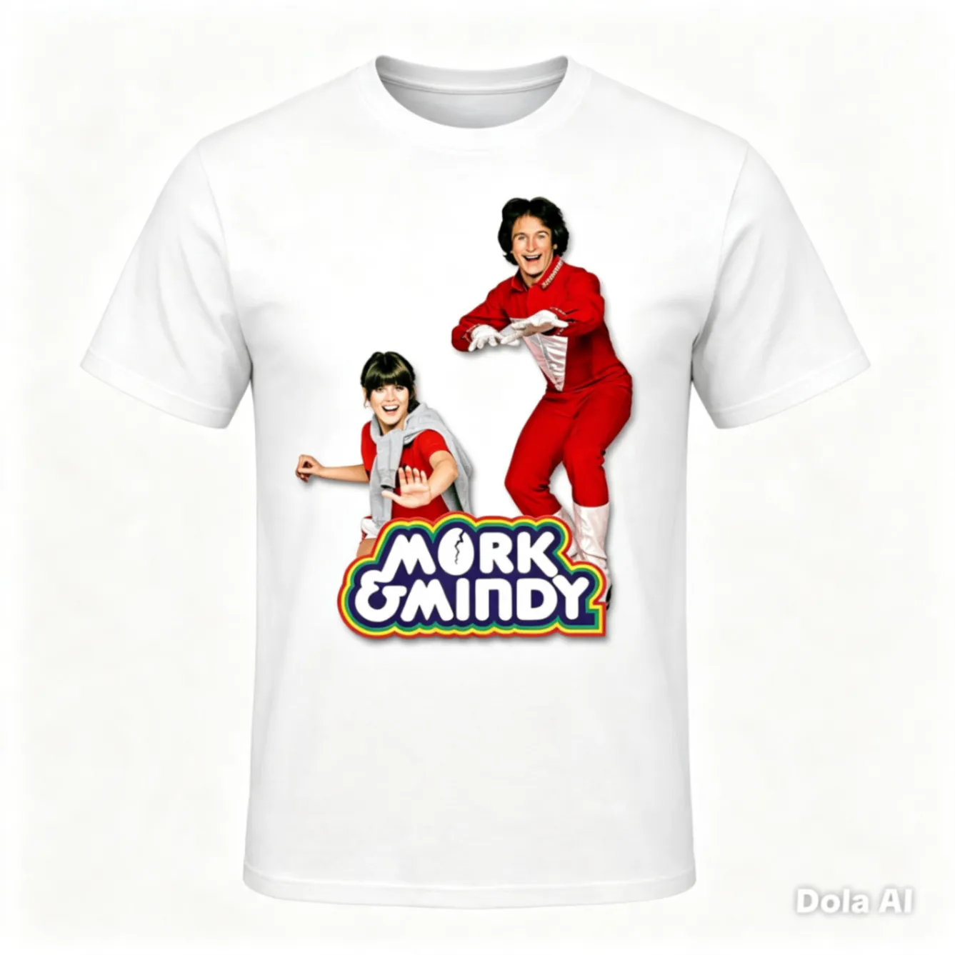 White T-shirt with a colourful printed Mork and Mindy character design