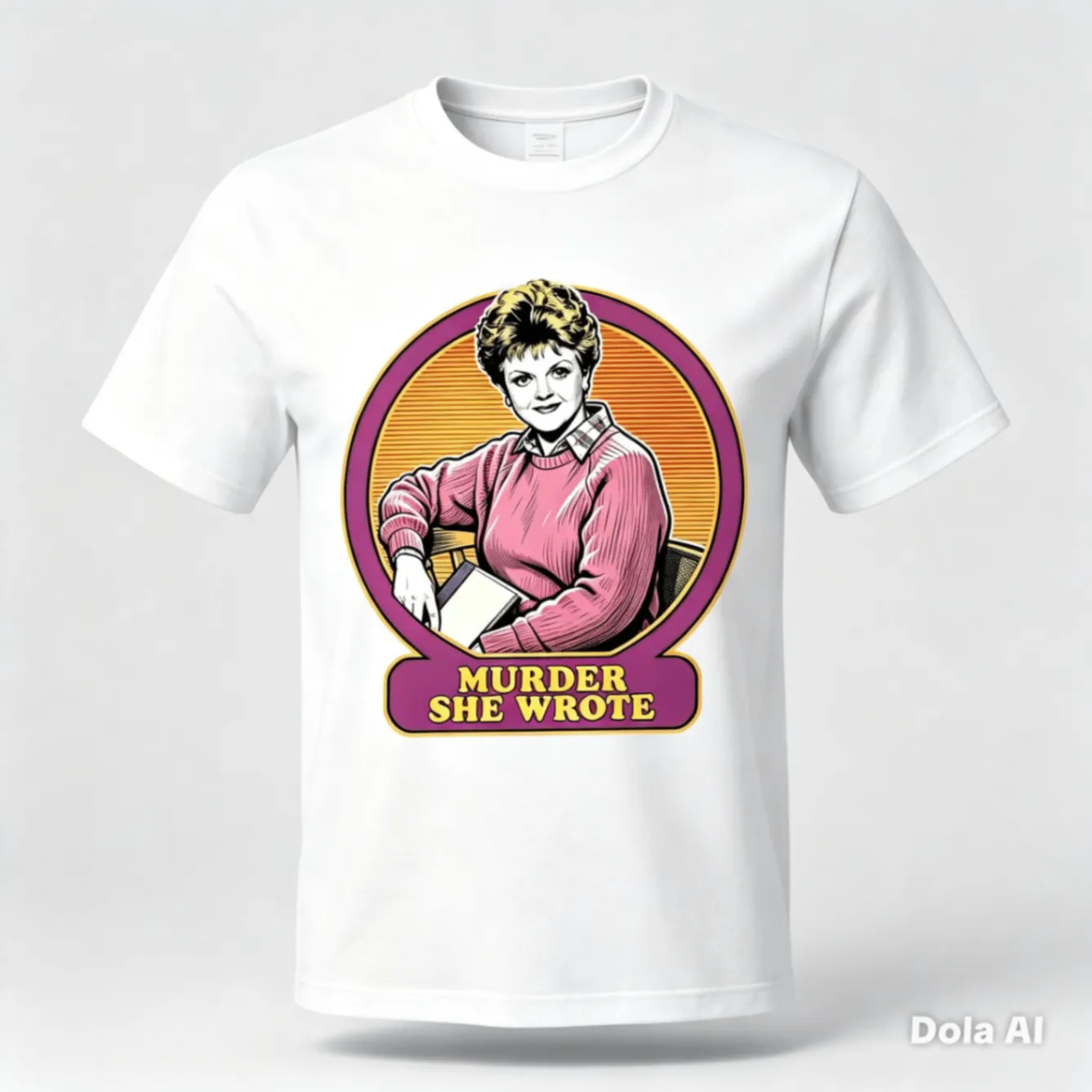 White T-shirt with a pink and yellow Murder She Wrote character print
