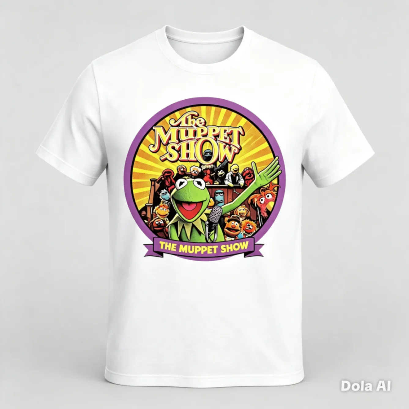 White T-shirt with a colourful circular Muppet Show printed design