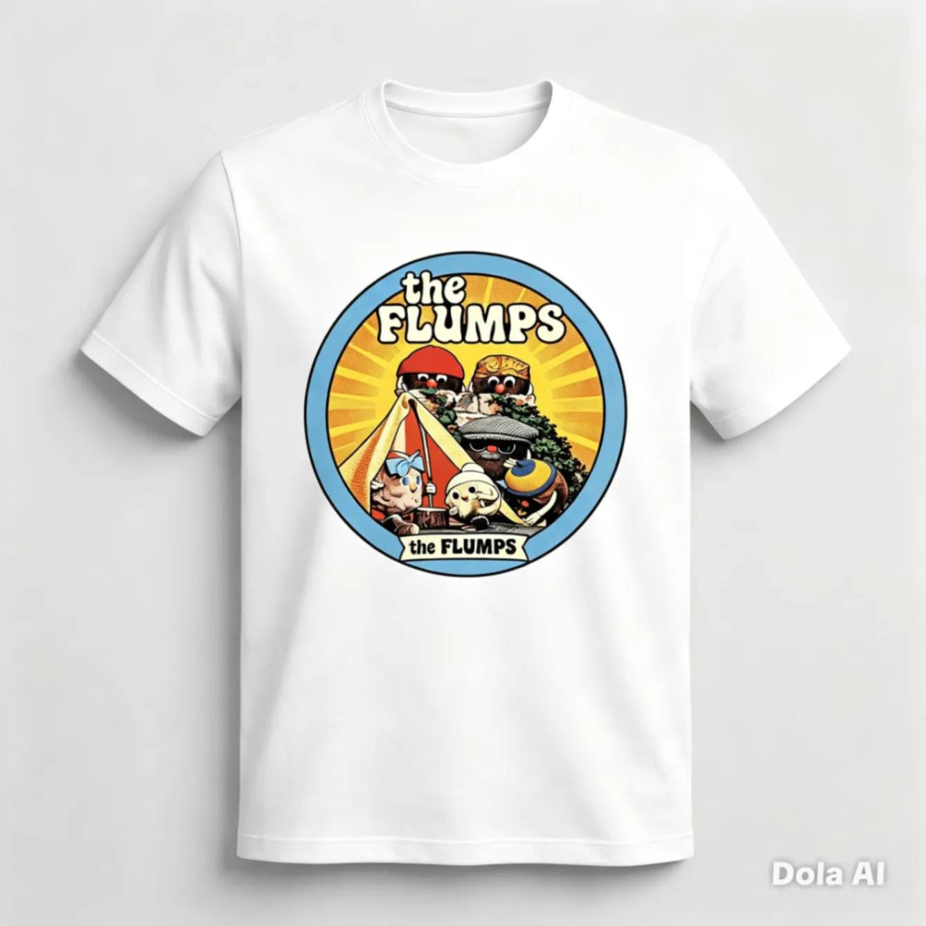 White T-shirt with a blue and orange circular Flumps printed design