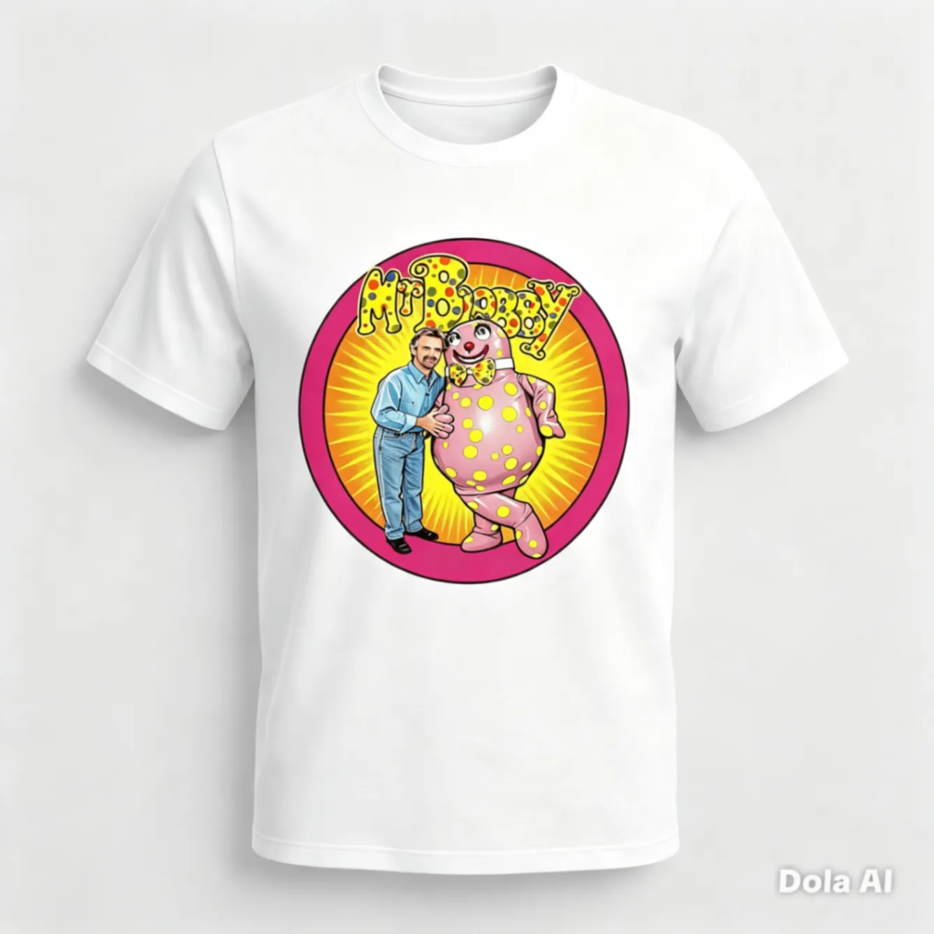 White T-shirt with a bright pink and yellow Mr Blobby printed character design