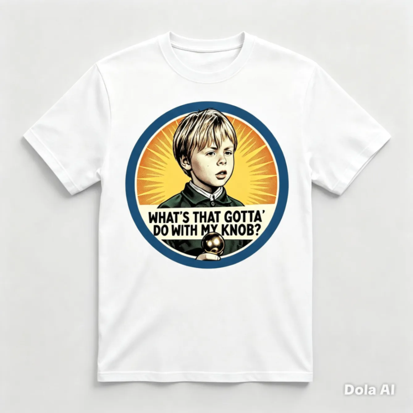White T-shirt with a circular printed portrait and playful ‘What’s that gotta do with my knob?’ lettering