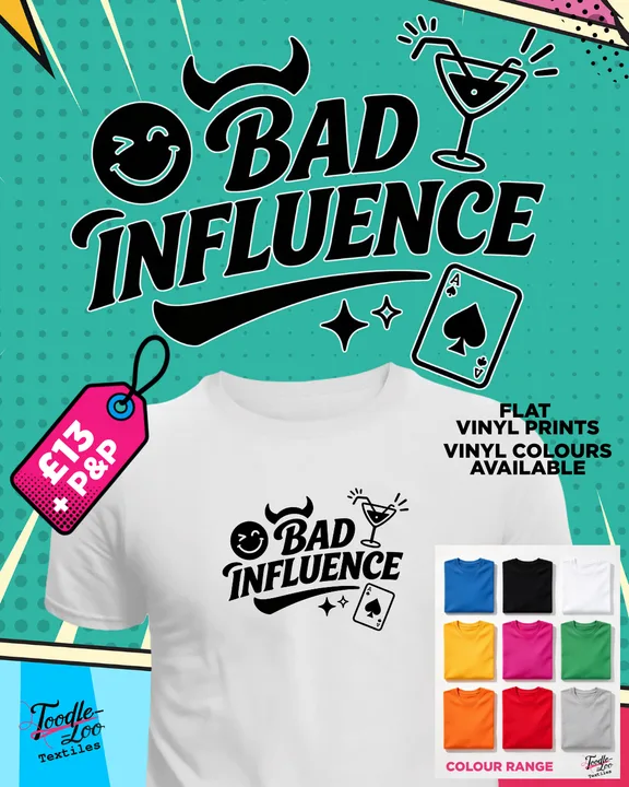 Bad Influence devil design — white tee with black vinyl artwork, shown as a design mock-up
