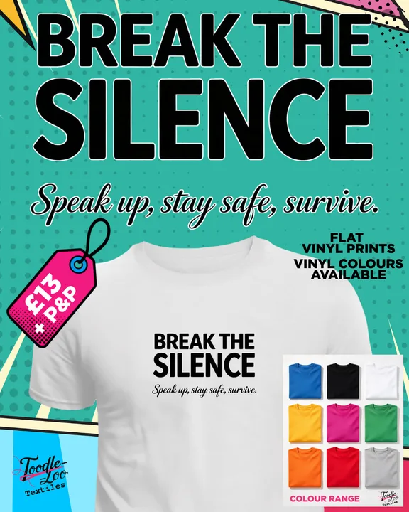 Break the Silence — white tee with black vinyl lettering, shown as a design mock-up