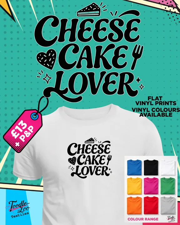 Cheesecake Lover — white tee with black vinyl lettering, shown as a design mock-up