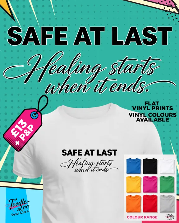 Safe at Last — white tee with black vinyl lettering, shown as a design mock-up