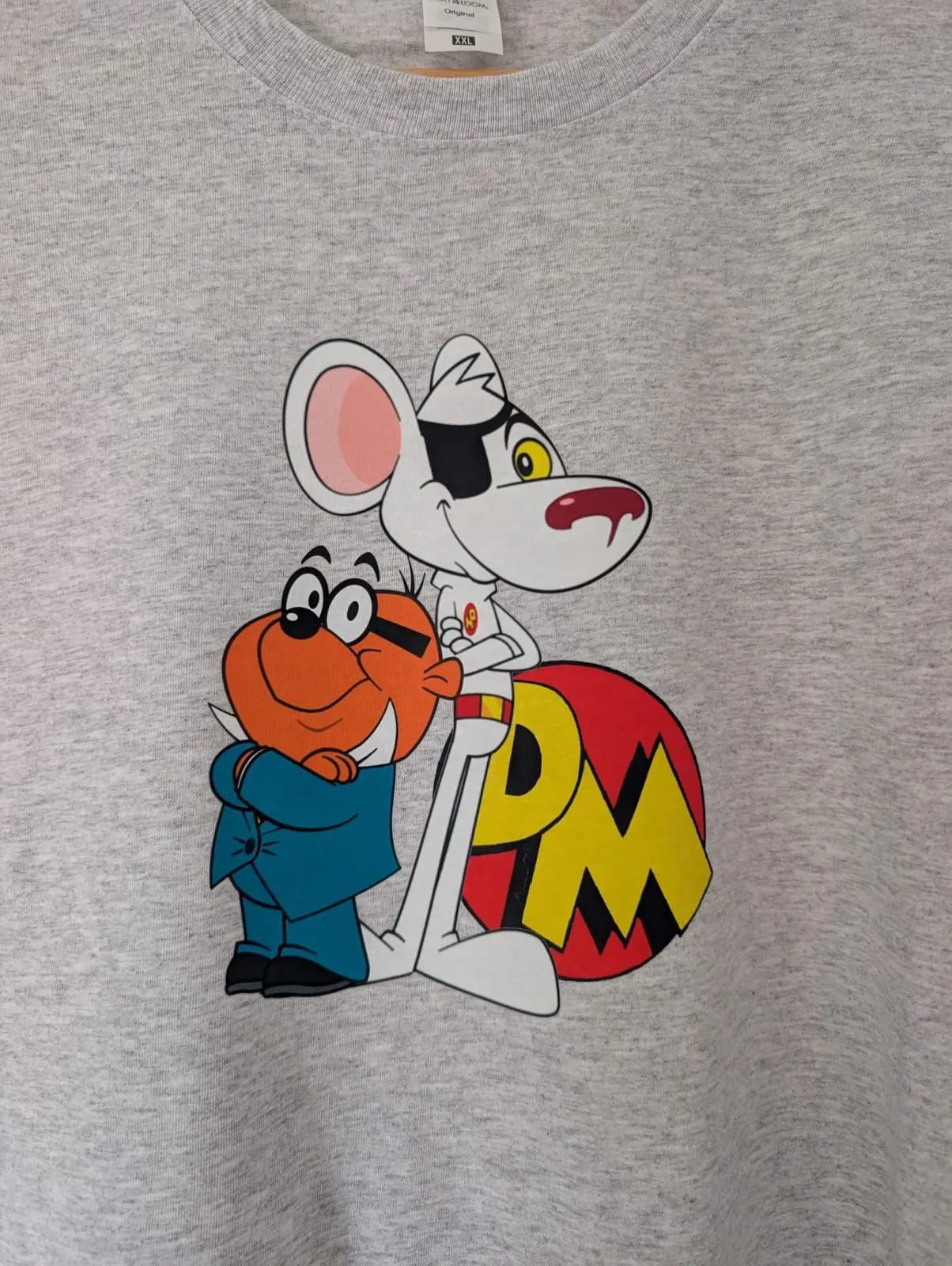 Grey T-shirt with a colourful Danger Mouse character print